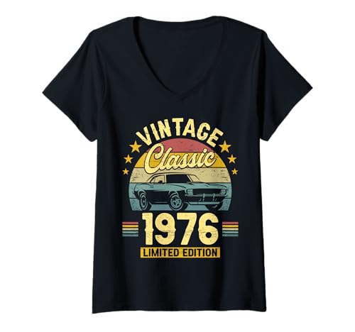 Damen Vintage 50 Jahre Jahrgang 1976 Auto Geburtstag Männer T-Shirt mit V-Ausschnitt von 50 Jahre Mann Geburtstag Jahrgang 1976 Ideen
