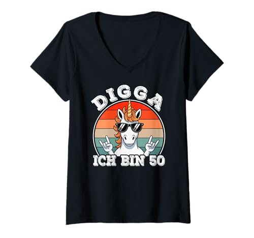 Damen 50. Geburtstag Mann Herren lustig, Digga ich Bin 50 | 50er T-Shirt mit V-Ausschnitt von 50 Jahre alt - 50ter Geburtstag Geschenk m/w