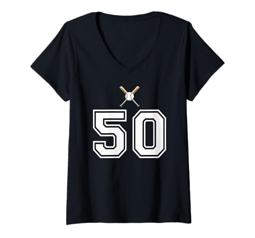 Damen 50 Nummer Baseball Style Vintage Weiß T-Shirt mit V-Ausschnitt von 50 Nummer Baseball Style Weiß