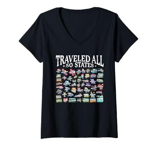 Damen Alle 50 Staaten bereist Achievement Fifty Club T-Shirt mit V-Ausschnitt Damen Alle 50 Staaten bereist Achievement Fifty Club T-Shirt mit V-Ausschnitt von 50 State Explorer