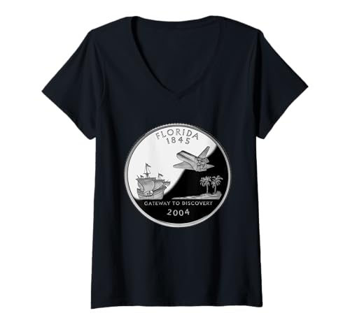 Damen Florida State Quarter – Exploration and Explorers Coin T-Shirt mit V-Ausschnitt Damen Florida State Quarter – Exploration and Explorers Coin T-Shirt mit V-Ausschnitt von 50 State Quarters - Numismatic Coinage Collection