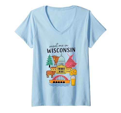 Damen Triff Mich in Wisconsin Ikonisches Bilddesign T-Shirt mit V-Ausschnitt von 50 States Collection. Click here for more...