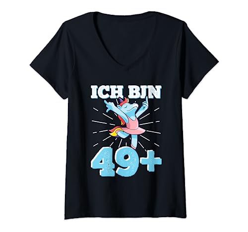 Damen 50er Geburtstag Frau Ich bin 49+ Mittelfinger 50 Jahre alt T-Shirt mit V-Ausschnitt von 50. Geburtstag Geschenk - Einhorn: Ich bin 49 plus