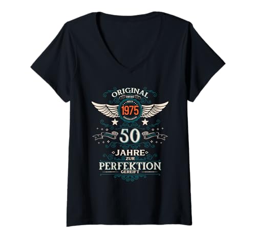 Damen 50. Geburtstag Mann Geschenk Oldtimer 1975 50 Jahre Deko T-Shirt mit V-Ausschnitt von 50. Geburtstag Geschenk Oldtimer Jahrgang 1975
