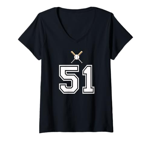 Damen 51 Nummer Baseball Style Vintage Weiß T-Shirt mit V-Ausschnitt Damen 51 Nummer Baseball Style Vintage Weiß T-Shirt mit V-Ausschnitt von 51 Nummer Baseball Style Weiß