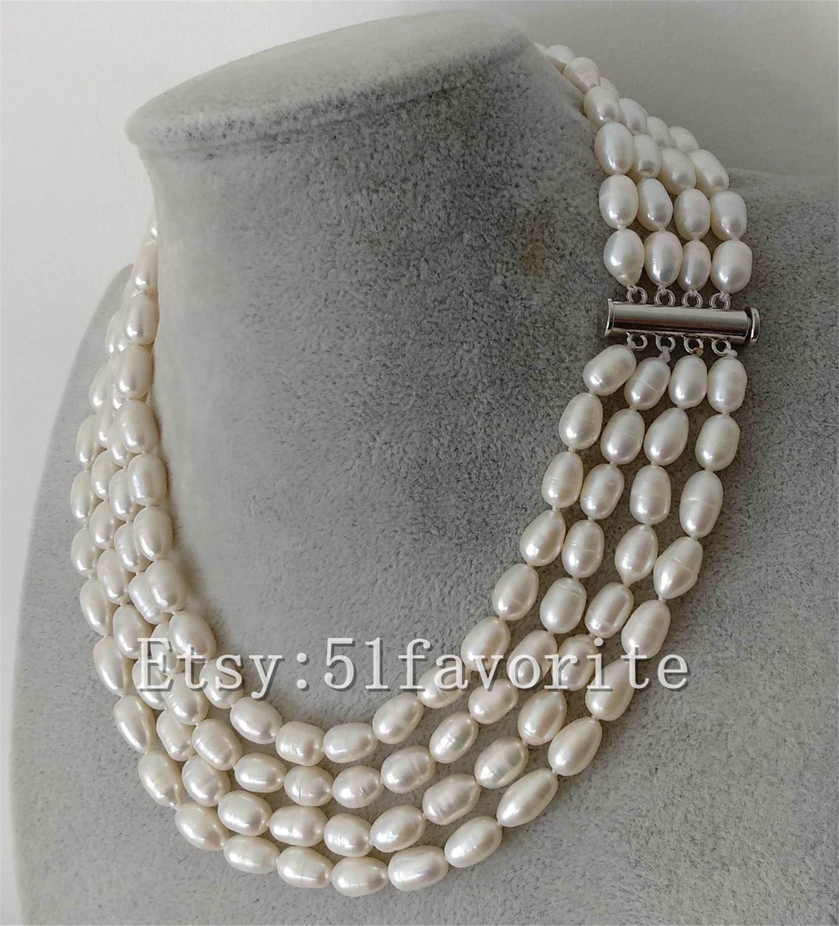 Barocke Perlenkette 4-Reihige Weiße Süßwasser-Reisperlen von 51favorite