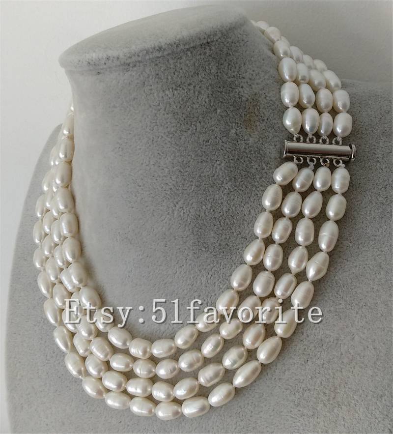 Barocke Perlenkette 4-Reihige Weiße Süßwasser-Reisperlen von 51favorite