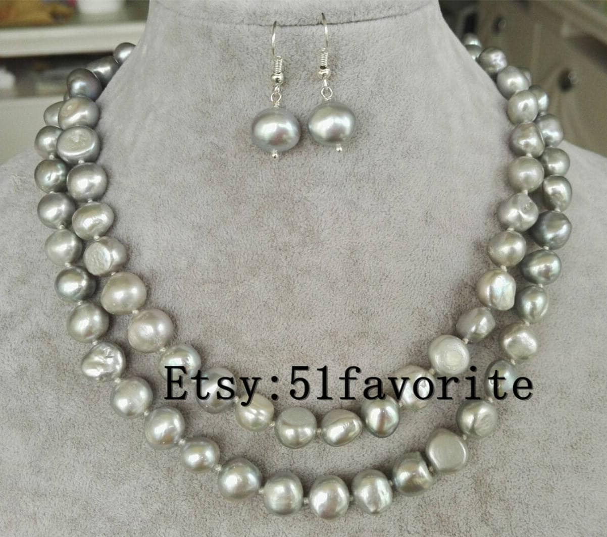 Graue Barock Perle Halskette Ohrring Set - 10-11 Mm Geknotete Schmuck von 51favorite