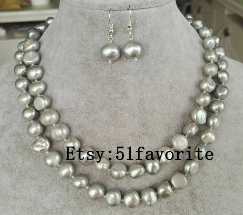 Graue Barock Perle Halskette Ohrring Set - 10-11 Mm Geknotete Schmuck von 51favorite