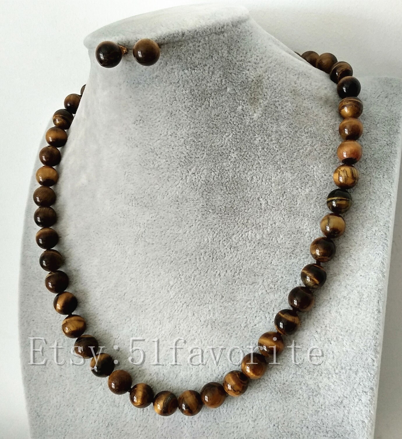 Tigerauge Stein Halskette Und Ohrstecker Set - 10 Mm von 51favorite