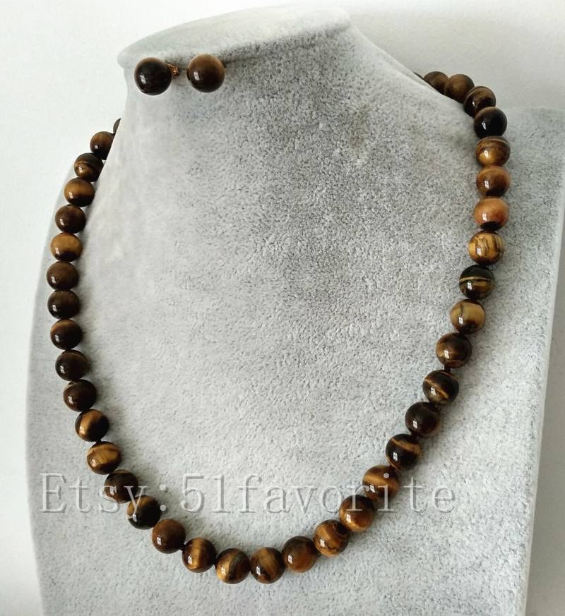 Tigerauge Stein Halskette Und Ohrstecker Set - 10 Mm von 51favorite
