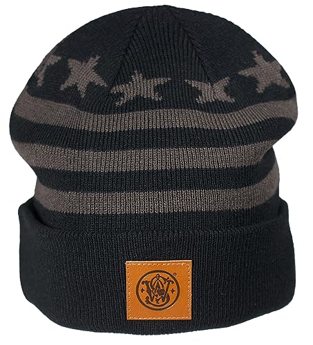 Smith & Wesson Offiziell lizenzierte Herren Classic Stars and Stripes Beanie, S&W Classic Leather Front Logo Patch, Wintermütze Grau, Grau, Einheitsgröße von 540Brands