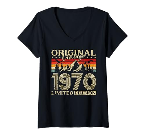 Damen 55. Geburtstag Mann Frau 55 Jahre Vintage 1970 Deko Lustig T-Shirt mit V-Ausschnitt von 55 Jahre Mann Frau Damen Herren Geburtstag
