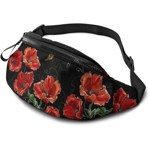 Sporttasche Rote Mohnblume Hüfttasche Mit Reißverschluss,Multifunktionale Damen Bauchtasche Für Hundetraining Camping Wandern 14X35cm von 550