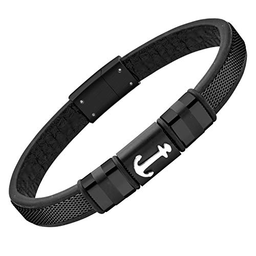 555Jewelry Anker-Armband aus geflochtenem Edelstahl und schwarzem Leder für Herren und Jungen, Metall, nicht bekannt von 555Jewelry