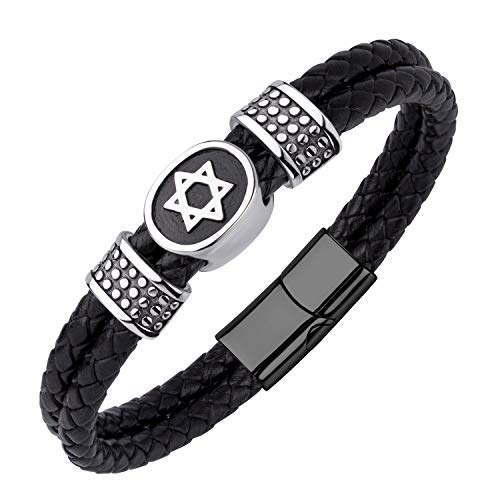 555Jewelry Edelstahl Davidstern geflochten Lederarmband für Herren Schwarz von 555Jewelry