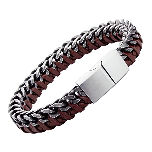 555Jewelry Edelstahl geflochtenes Leder & kubanische Gliederkette Armband für Herren, 8 25 inch, Metall von 555Jewelry