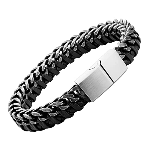 555Jewelry Geflochtenes Edelstahl-Armband aus Leder und kubanischer Gliederkette für Herren, 9 inch, Metall, Nicht bekannt von 555Jewelry