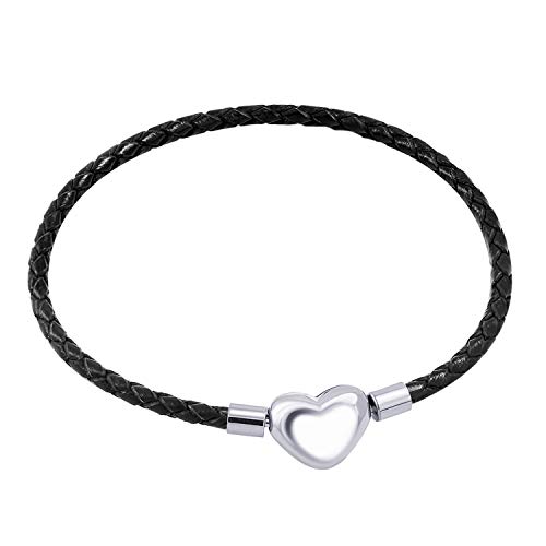 555Jewelry Geflochtenes schwarzes Leder-Herz-Armband für Damen und Mädchen, 17 cm, Metall, Leder von 555Jewelry