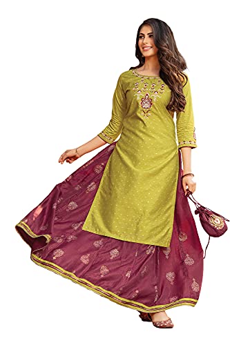 55Carat 5Kurta Rock Geldbörse Set Bestickt Kurta mit bedrucktem Rock und passender Geldbörse Combo von Set 3 für Damen & Mädchen Regular Kurta, Oliv & Magenta, XL von 55Carat