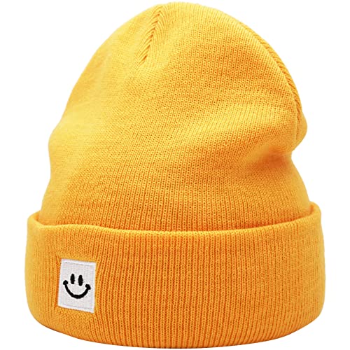 55cube Strick Beanie Mütze mit Smile Face Unisex, Solides Gelb, Einheitsgröße von 55cube