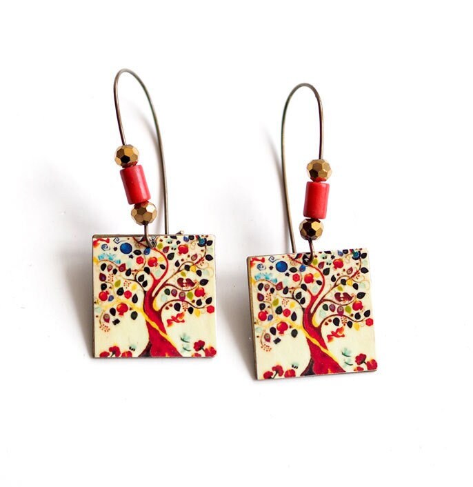 Ohrringe, Baumelnd, Mehrfarbiger Lebensbaum, Bronze Ohrringe, Baumelnd, Mehrfarbiger Lebensbaum, Bronze von 55rueduchatrouge
