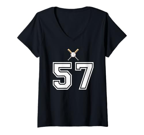 Damen 57 Nummer Baseball Style Vintage Weiß T-Shirt mit V-Ausschnitt Damen 57 Nummer Baseball Style Vintage Weiß T-Shirt mit V-Ausschnitt von 57 Nummer Baseball Style Weiß