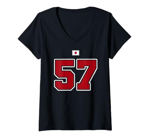 Damen 57 Nummer College Style Vintage Rot Weiß Japan Flagge T-Shirt mit V-Ausschnitt Damen 57 Nummer College Style Vintage Rot Weiß Japan Flagge T-Shirt mit V-Ausschnitt von 57 Nummer College Style Rot Weiß Japan