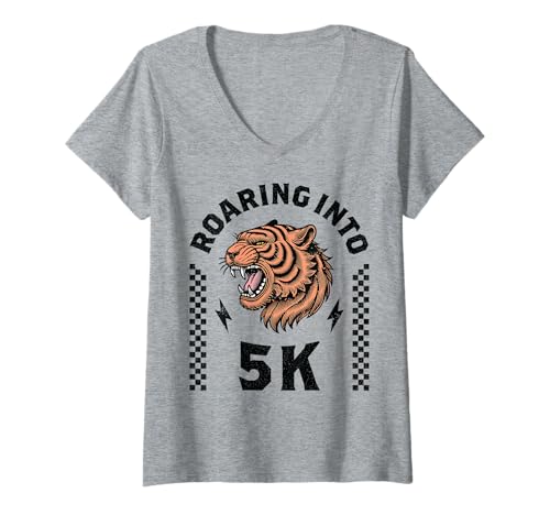 Damen Roaring Into 5K Tiger First Day of PreK 5 I'm Ready for 5K T-Shirt mit V-Ausschnitt Damen Roaring Into 5K Tiger First Day of PreK 5 I'm Ready for 5K T-Shirt mit V-Ausschnitt von 5K Level Unlocked Back to School 5K Tiger Boy Girl