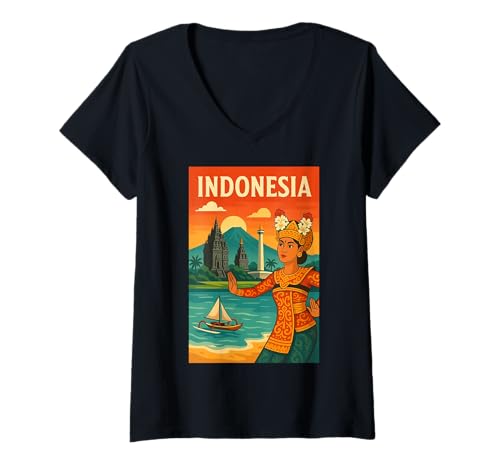 Damen Farbenfrohe Indonesien Reise T-Shirt mit V-Ausschnitt von 5avLegendsOriginals