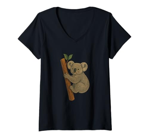 Damen Koala auf Eukalyptuszweig T-Shirt mit V-Ausschnitt von 5avLegendsOriginals