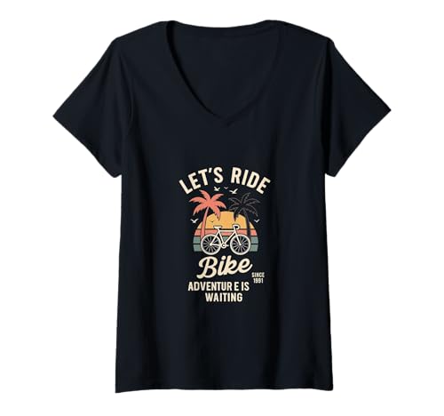 Damen Let's Ride Bike - Retro Adventure Cycling T-Shirt mit V-Ausschnitt von 5avLegendsOriginals