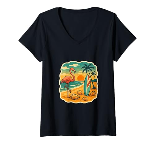 Damen Retro Flamingo & Surfbrett T-Shirt mit V-Ausschnitt von 5avLegendsOriginals