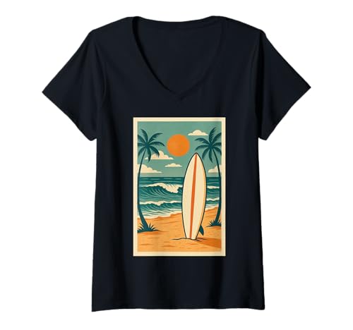 Damen Retro Surfbrett Strand T-Shirt mit V-Ausschnitt Damen Retro Surfbrett Strand T-Shirt mit V-Ausschnitt von 5avLegendsOriginals