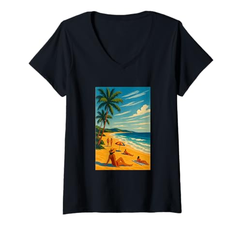 Damen USA Beach Vibes - Sommer-Grafik T-Shirt mit V-Ausschnitt von 5avLegendsOriginals
