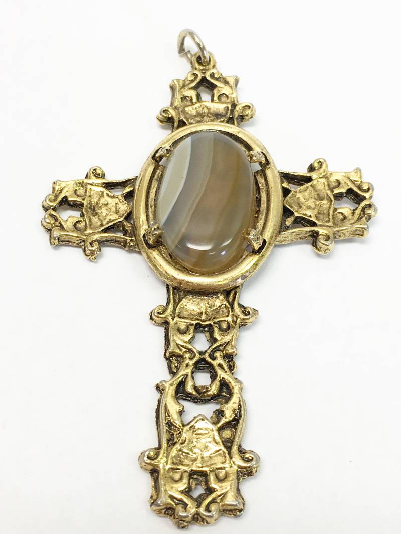 Vergoldeter Vintage Kreuz-Anhänger Mit Achat von 5goldenthings