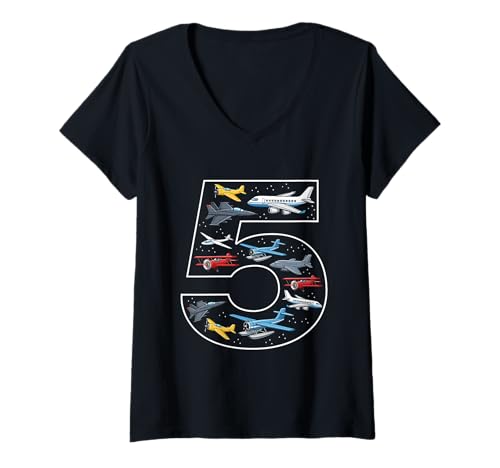 Damen 5. Geburtstag 5 Jahre alt Flugzeug Jungen Mädchen Luftfahrt T-Shirt mit V-Ausschnitt von 5th Birthday 5 Year Old Airplane Boys Girls
