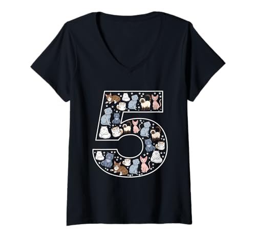 Damen 5. Geburtstag 5 Jahre alte Katzen Jungen Mädchen Katze Kätzchen T-Shirt mit V-Ausschnitt von 5th Birthday 5 Year Old Cats Boys Girls