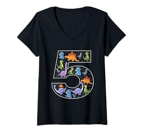 Damen 5. Geburtstag 5 Jahre alt Dinosaurier Jungen Mädchen Dino T-Rex T-Shirt mit V-Ausschnitt von 5th Birthday 5 Year Old Dinosaur Boys Girls