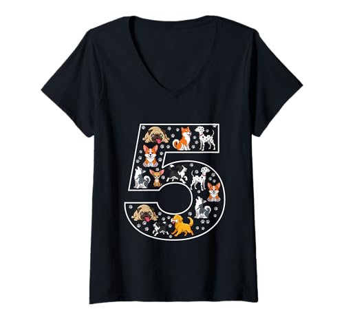 Damen 5. Geburtstag 5 Jahre alte Hunde Jungen Mädchen Welpen T-Shirt mit V-Ausschnitt von 5th Birthday 5 Year Old Dogs Boys Girls