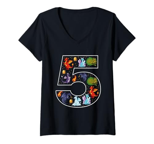 Damen 5. Geburtstag 5 Jahre alt Drache Jungen Mädchen Fantasie T-Shirt mit V-Ausschnitt von 5th Birthday 5 Year Old Dragon Boys Girls