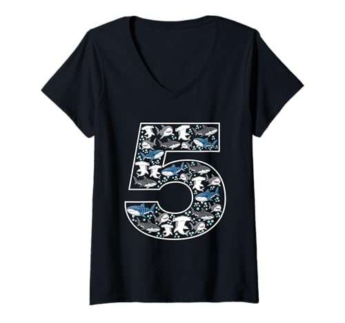 Damen 5. Geburtstag 5 Jahre alt Hai Jungen Mädchen Fisch T-Shirt mit V-Ausschnitt von 5th Birthday 5 Year Old Shark Boys Girls