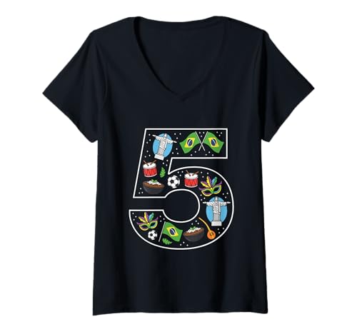 Damen Brasilien-Flagge zum 5. Geburtstag, brasilianische Kultur T-Shirt mit V-Ausschnitt Damen Brasilien-Flagge zum 5. Geburtstag, brasilianische Kultur T-Shirt mit V-Ausschnitt von 5th Birthday Brazilian Culture 5 Year Old Brazil