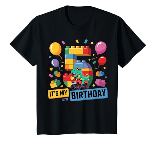 Kinder Zahlenblöcke 5. Geburtstag 5 Jahre alt Dinosaurier Monster Truck T-Shirt von 5th Birthday Dinosaur Monster Truck Theme Party
