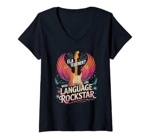 Damen Netter ELA-Lehrer in englischer SPRACHE | ROCKSTAR Literature T-Shirt mit V-Ausschnitt Damen Netter ELA-Lehrer in englischer SPRACHE | ROCKSTAR Literature T-Shirt mit V-Ausschnitt von 5th Grade Language Geek Reading I Teach School Is