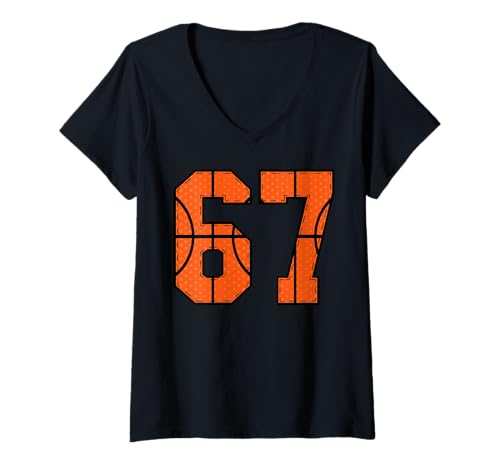 Damen 67 Nummer Sechs Sieben Lustiger Meme Gen Alpha Slang Basketball T-Shirt mit V-Ausschnitt Damen 67 Nummer Sechs Sieben Lustiger Meme Gen Alpha Slang Basketball T-Shirt mit V-Ausschnitt von 6 7 Six Seven Teen Basketball Team Sports Fun Meme