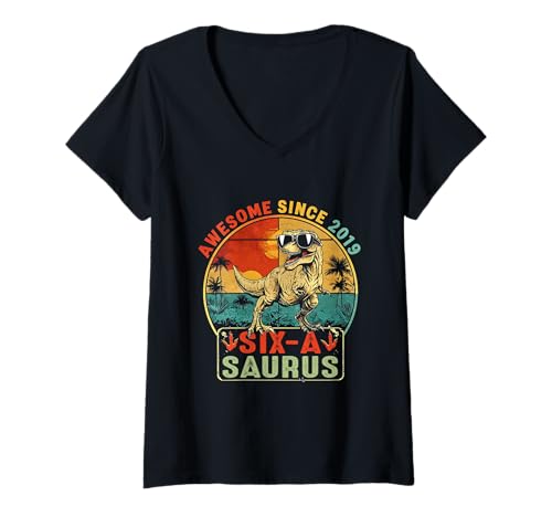 Damen 6 Jahre alter Dinosaurier 6. Geburtstag T Rex Dino Six ASaurus T-Shirt mit V-Ausschnitt Damen 6 Jahre alter Dinosaurier 6. Geburtstag T Rex Dino Six ASaurus T-Shirt mit V-Ausschnitt von 6 Year Old Dinosaur 6th Birthday T Rex Dino