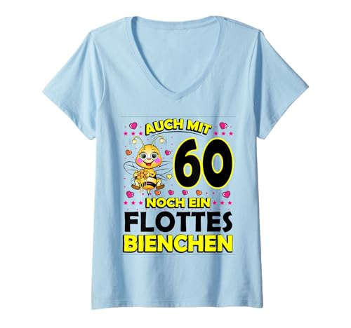 Damen 60 Jahre Fleet Bee, 60. Geburtstag, 60. Ehrentag T-Shirt mit V-Ausschnitt von 60 Geburtstag Frauen Geschenk lustig Biene Imker