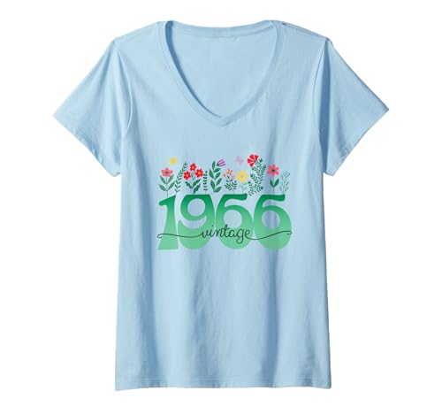 Damen Vintage 60 Jahre Jahrgang 1966 Blumen Geburtstag Frauen T-Shirt mit V-Ausschnitt von 60 Jahre Frau Geburtstag Jahrgang 1966 Ideen