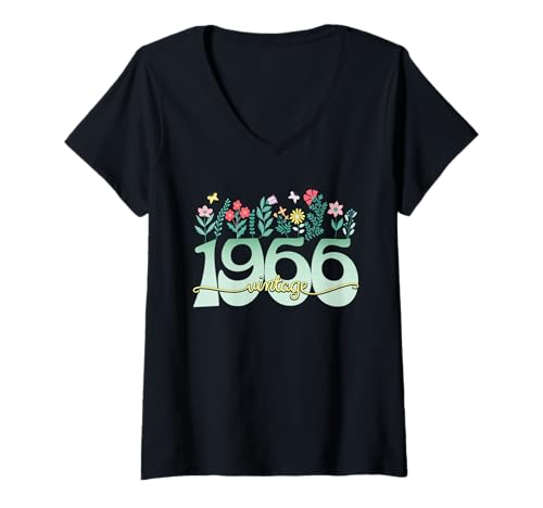 Damen Vintage 60 Jahre Jahrgang 1966 Blumen Geburtstag Frauen T-Shirt mit V-Ausschnitt von 60 Jahre Frau Geburtstag Jahrgang 1966 Ideen
